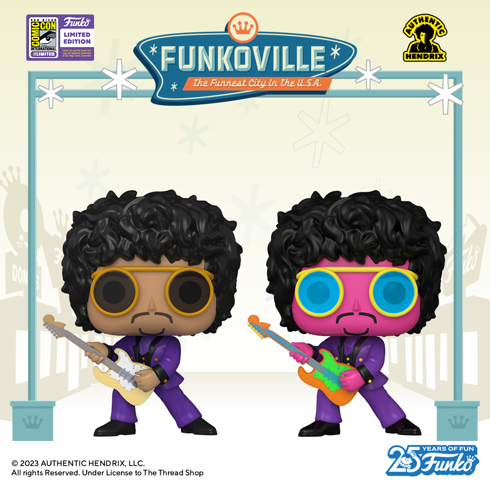 Get ready to rock with two new 2023 SDCC-exclusive Pop! Jimi Hendrix in purple suit, and blacklight Pop! Jimi Hendrix in purple suit.